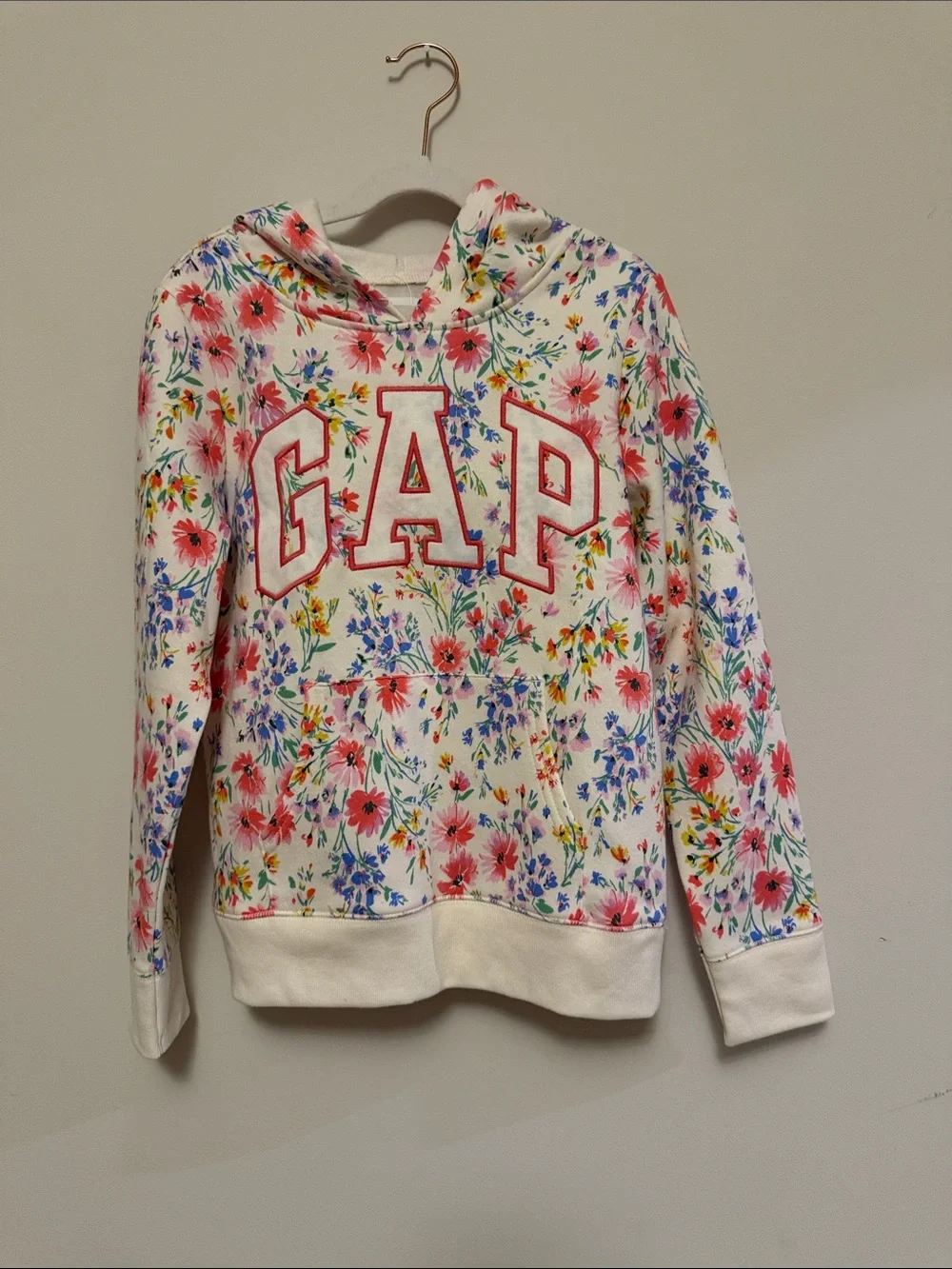 GAP Floral Hoodie Pullover - White with Pink & Blue Flowers